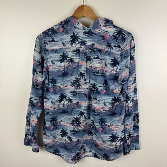 J Crew Tropical Print Popover Shirt Size 4 Blue Sailboats Nautical Preppy Beachy - Picture 3 of 8